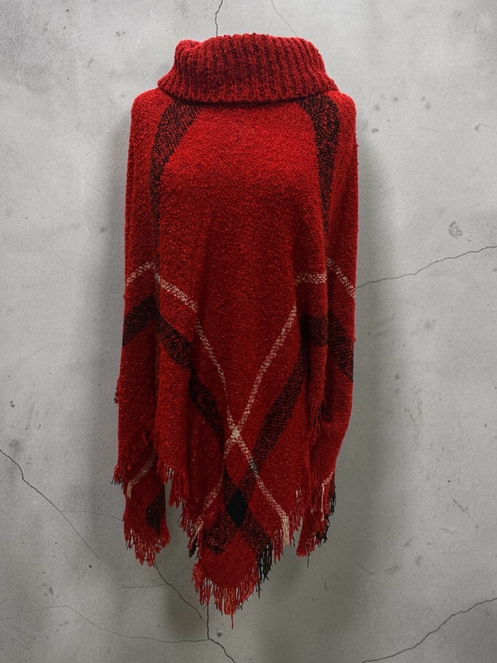 Cozy Red Plaid Turtleneck Poncho Sweater - Women
